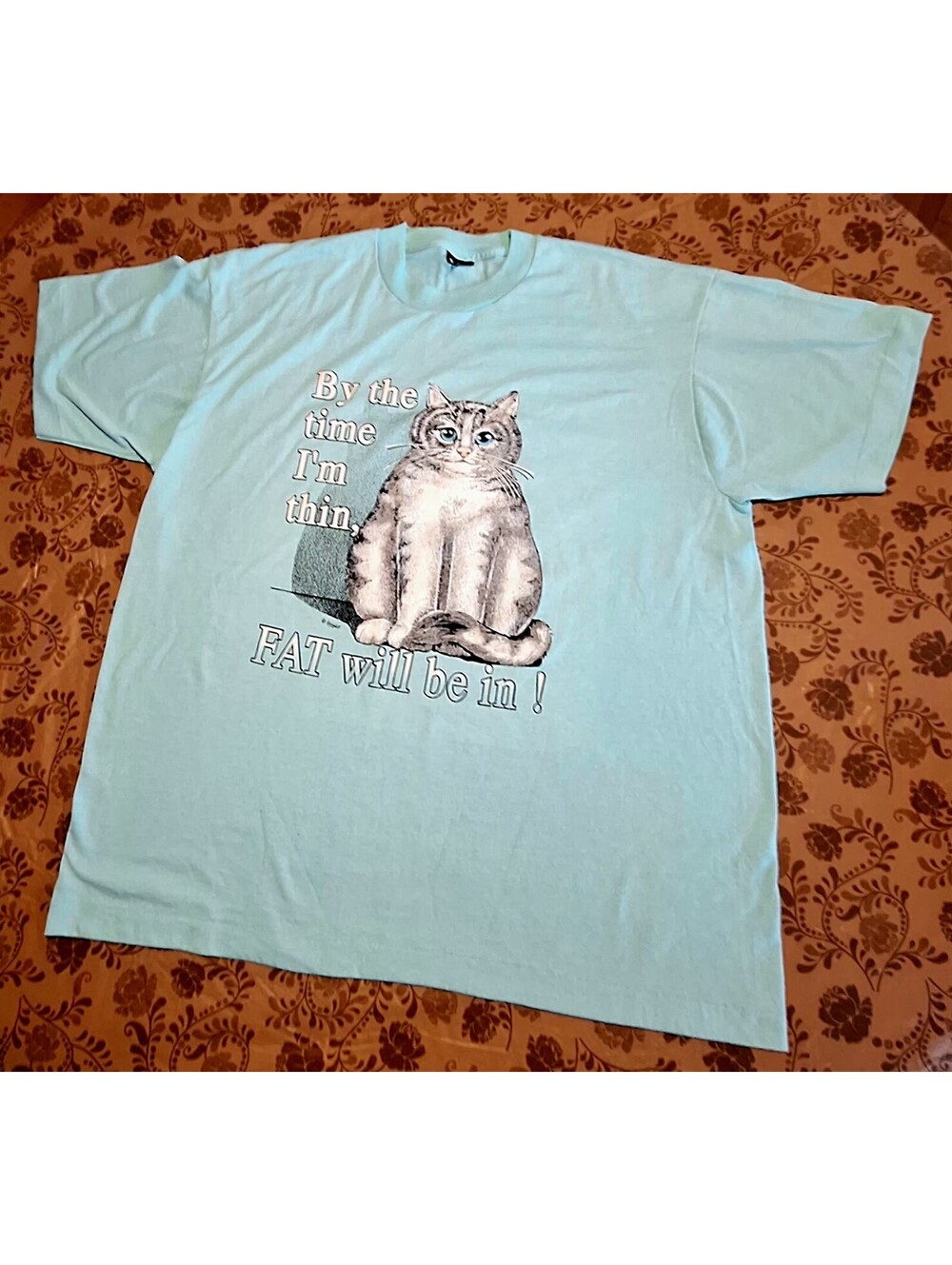 VTG 90s Springhill Cat Graphic T-Shirt XL "By The Time I'm Thin, Fat Will Be In"